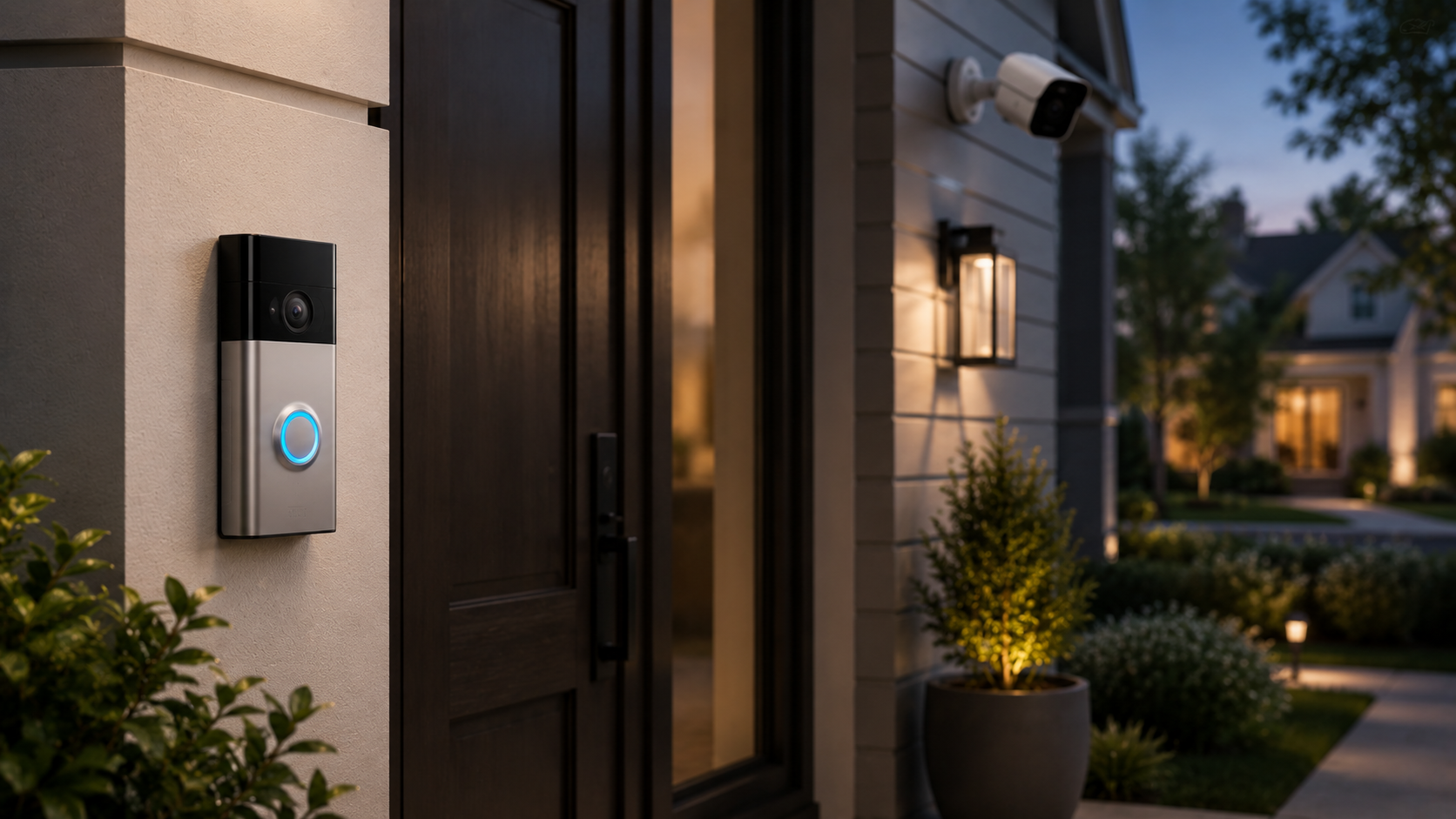 Editorial image of a smart doorbell and security cameras